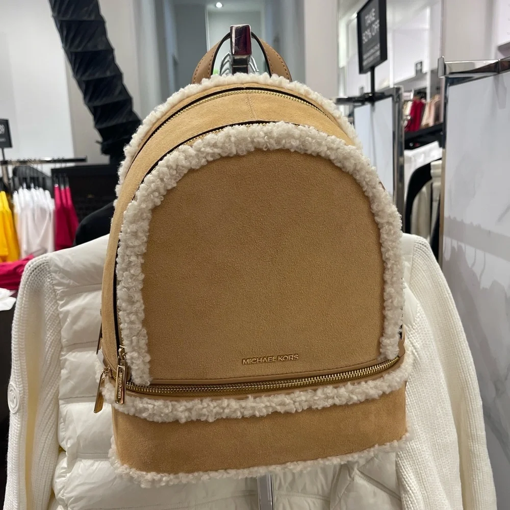 MICHAEL KORS Rhea Medium Suede and Faux Shearling Backpack Peanut  NWT